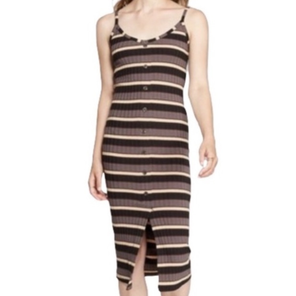 Wild Fable Ribbed Striped Button Front Midi Dress Spaghetti Strap Bodycon